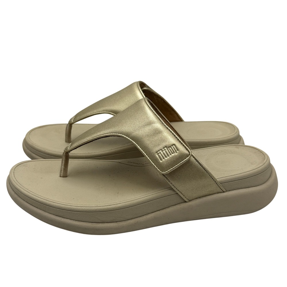 FitFlop F-Mode Go Gold Platino Leather Platform Thong Sandals Women 8.5